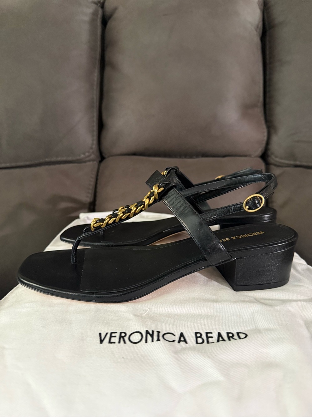 Veronica Beard Black Leather T-Strap Sandals with Gold Chain - Picture 6 of 7
